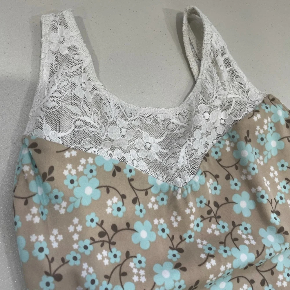 Class In Dancewear Leotard Blue Floral Pattern with White Flowers Small - Picture 2 of 4